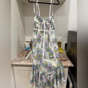 For Love & Lemons Women’s Meadow Bustier Corset Lavender Floral White Maxi Dress